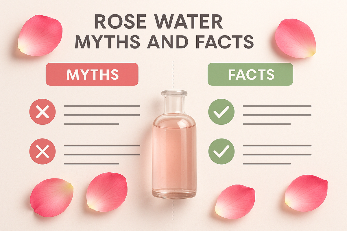 Rose water myths and facts displayed with a bottle of rose water & rose petals surrounding it