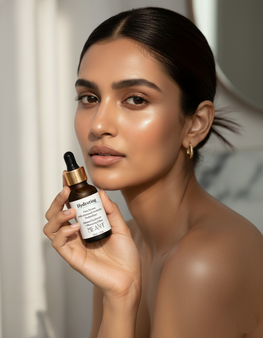 Indian skincare trend skinimalism with natural glass skin glow using MEANT cosmetics hydrating face serum