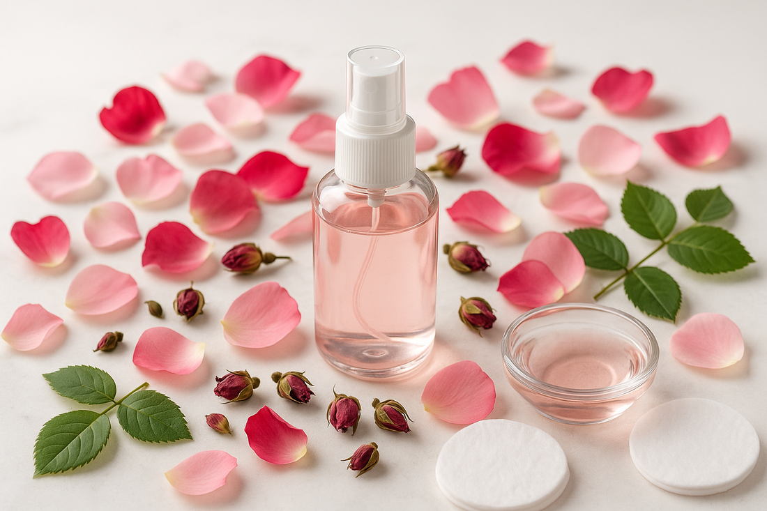 Rose water transparent bottle with rose petals & cotton pads surrounded with green leaves for aesthetic appeal