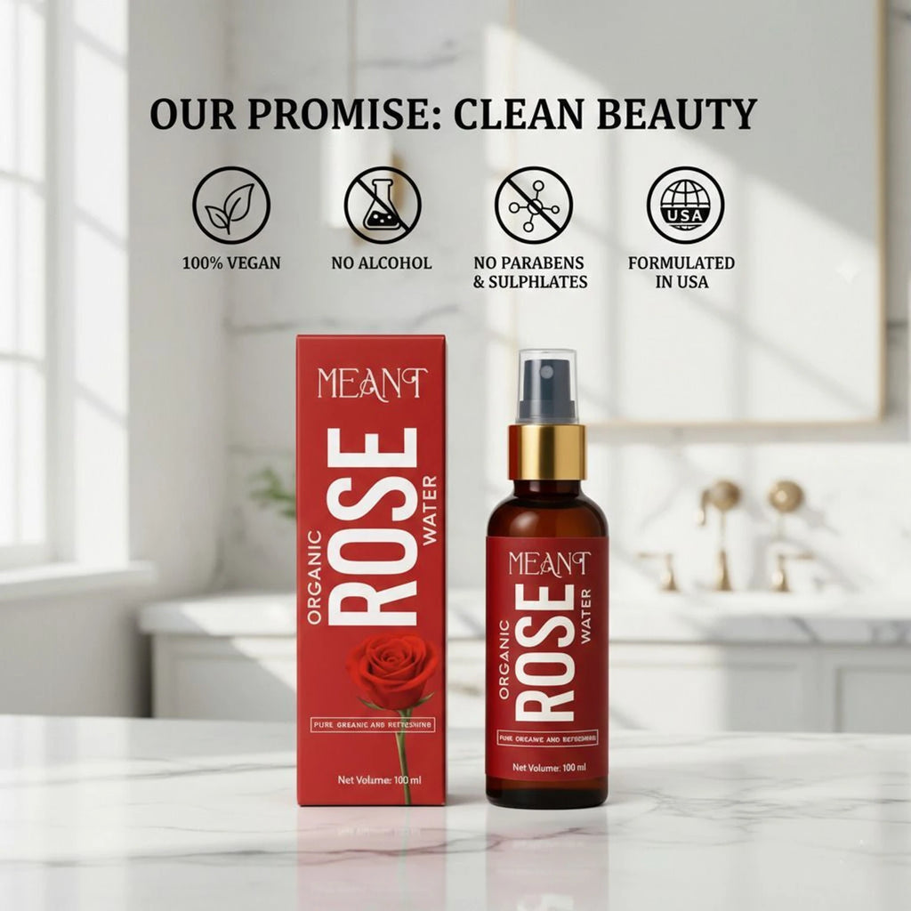 Meant Rose Water bottle and packaging on a bathroom counter with 'Our Promise: Clean Beauty' text.