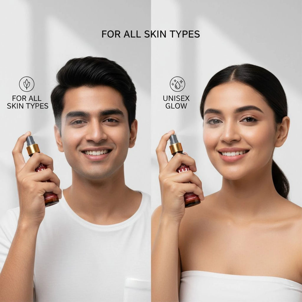 Two people holding a skincare product with text indicating 'For all skin types' and 'Unisex Glow'.