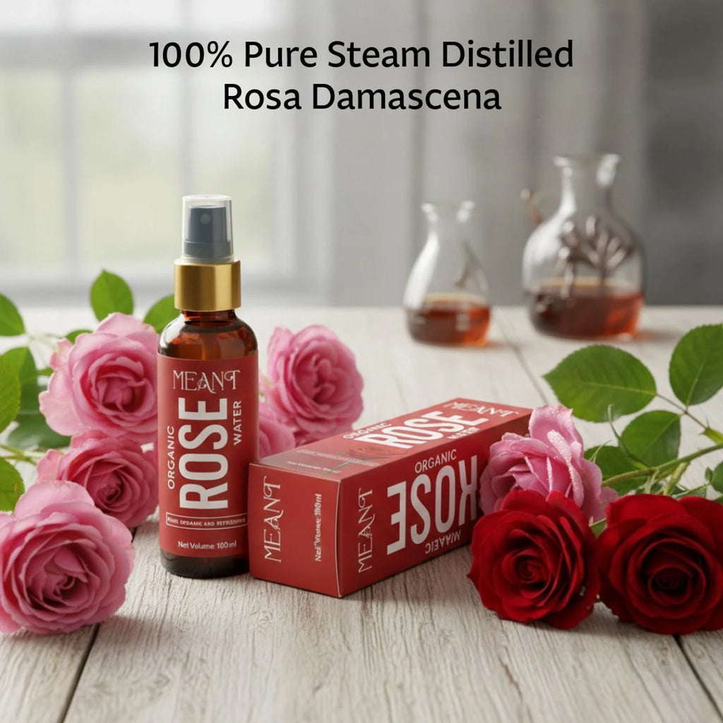 MEANT Rose water spray bottle and box with pink and red roses on a wooden surface