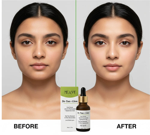 Before and after comparison of a woman's face with Meant skincare products displayed.