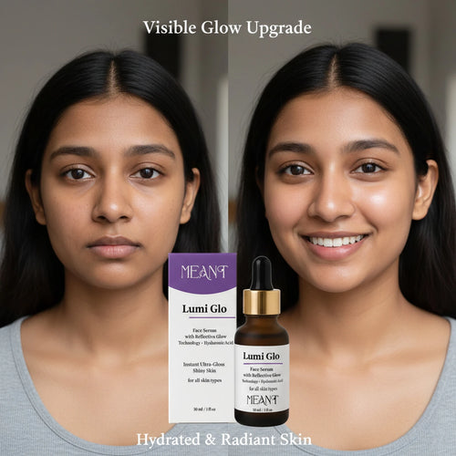 Before and after comparison of a woman's face with MEANT Lumi Glo product packaging.