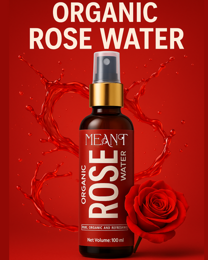 MEANT Organic Rose Water 100ml bottle with red splash background and rose flower, pure Bulgarian Rosa Damascena skincare mist