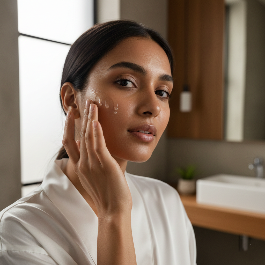 Woman applying serum to her face in a bathroom setting