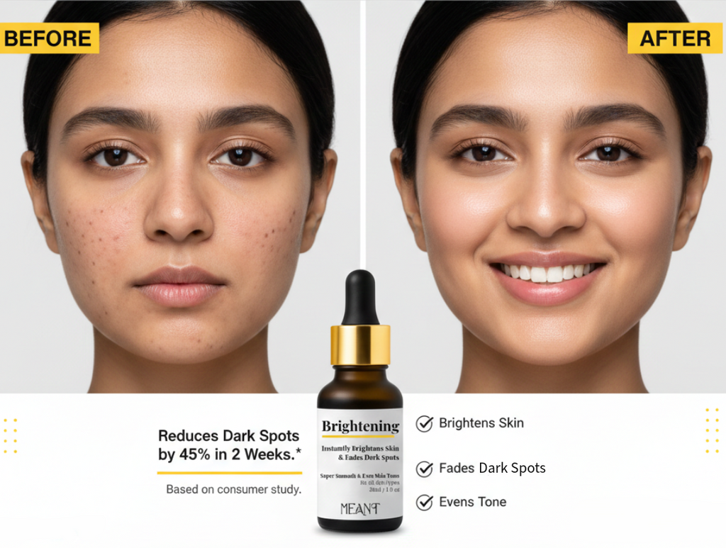 Before and after comparison of a woman's face with a bottle of MEANT Brightening Serum.