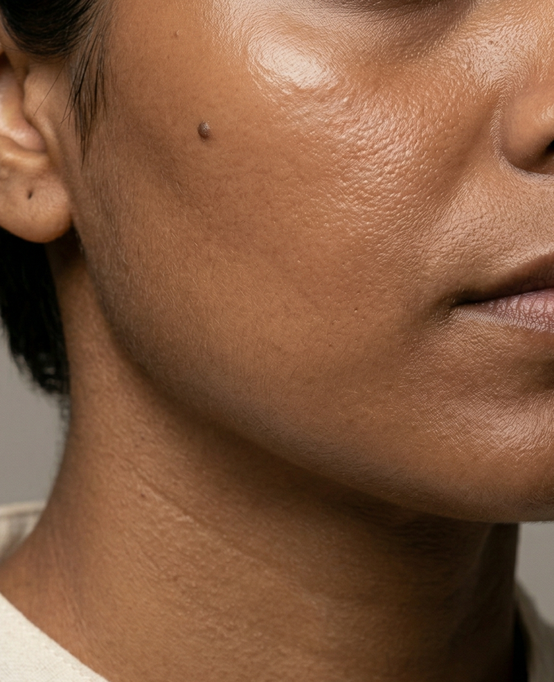 Close-up of a person's neck and jawline with a neutral background