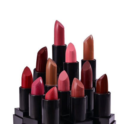 Assorted Silky Swipe Creamy Matte Lipsticks in various vibrant shades with sleek black tubes.