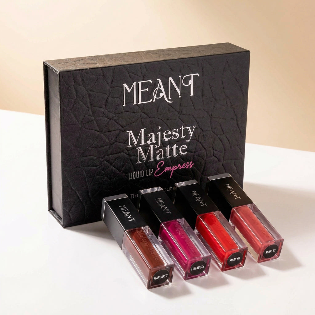 Set of long-lasting MEANT Majesty Matte Liquid lipstick combo with its luxurious magnetic box on a white background