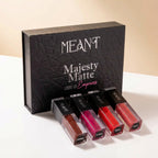 Set of long-lasting MEANT Majesty Matte Liquid lipstick combo with its luxurious magnetic box on a white background