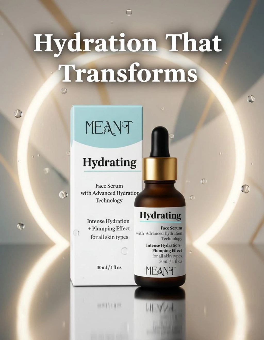 MEANT Hydrating Face Serum with packaging on a reflective surface with circular light effects