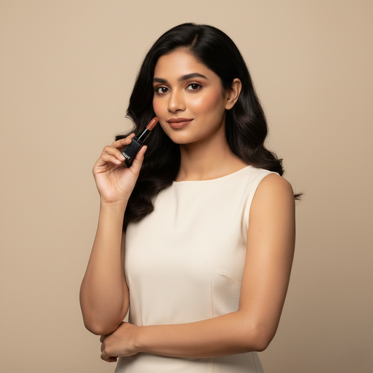 Woman holding MEANT Silky Swipe Creamy Matte Lipstick Amber Aura with smooth, long-lasting matte finish