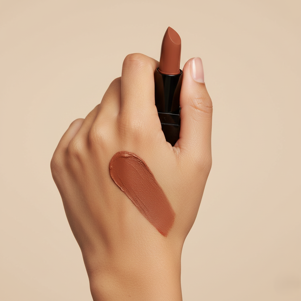 MEANT Silky Swipe Creamy Matte Lipstick in Amber Aura with swatch on hand showing rich brown shade, long-lasting and hydrating matte finish