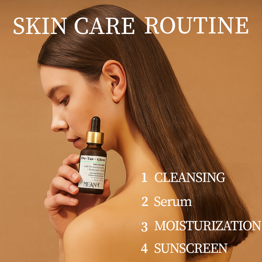 MEANT 5% Niacinamide De-Tan + Glow Face Serum with Hyaluronic Acid & Natural Aloe Vera bottle in model's hand showing skin care routine steps & tips.