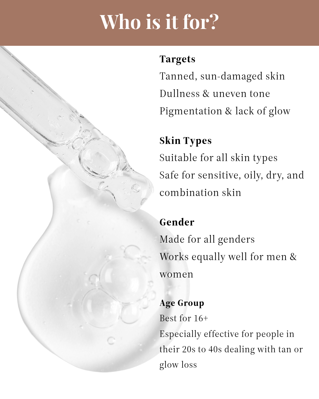 MEANT 5% Niacinamide De-Tan Glow Face Serum with Hyaluronic Acid & Natural Aloe Vera works for who details.