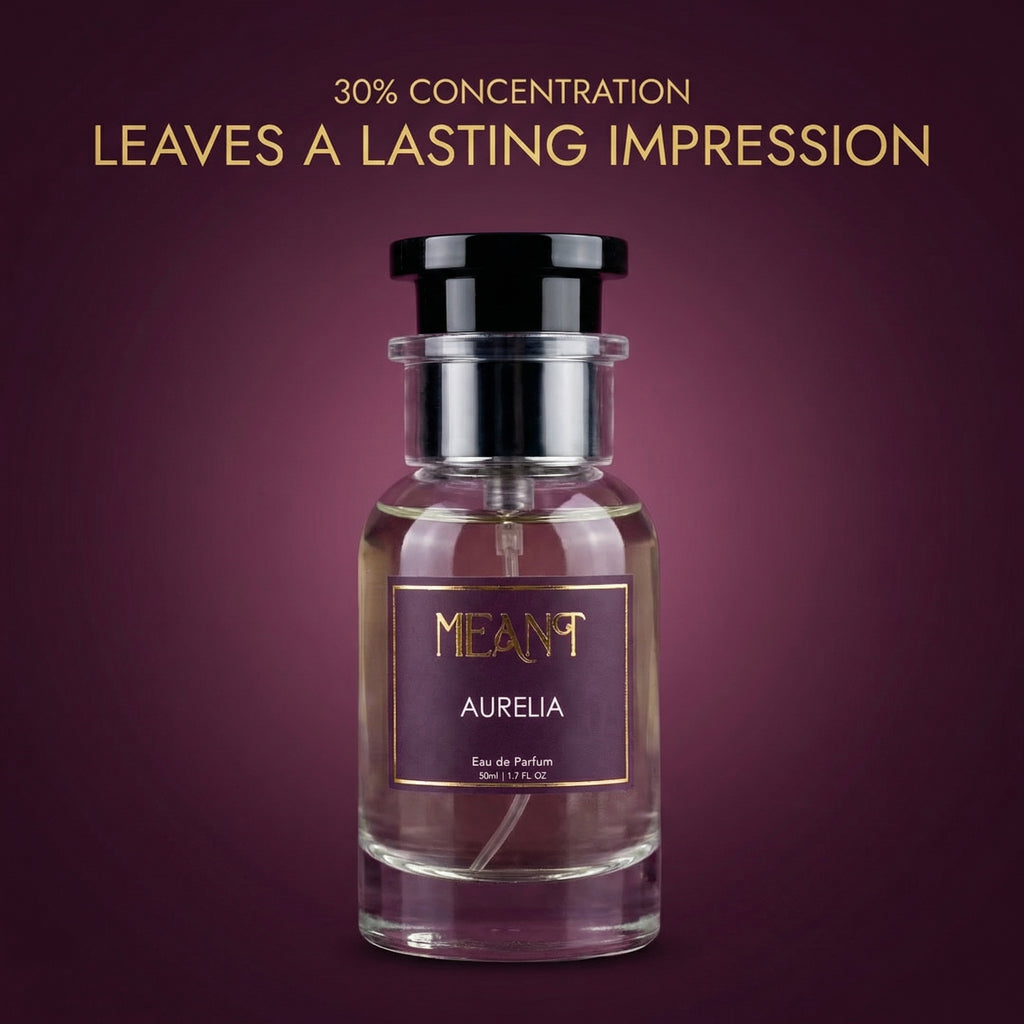 Perfume bottle labeled MEANT Aurelia with text about 30% concentration on a luxurious purple background.