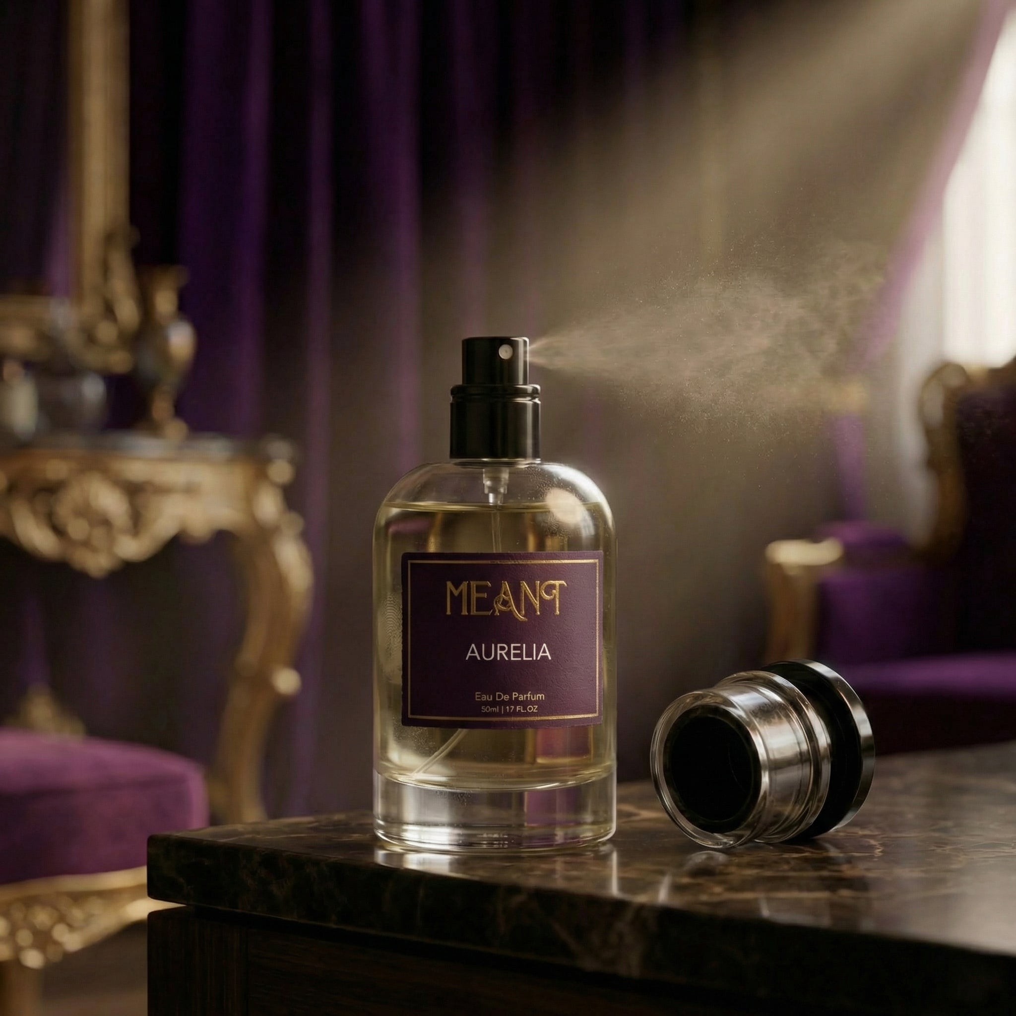 Perfume bottle labeled 'MEANT Aurelia' with steam in a luxurious setting.