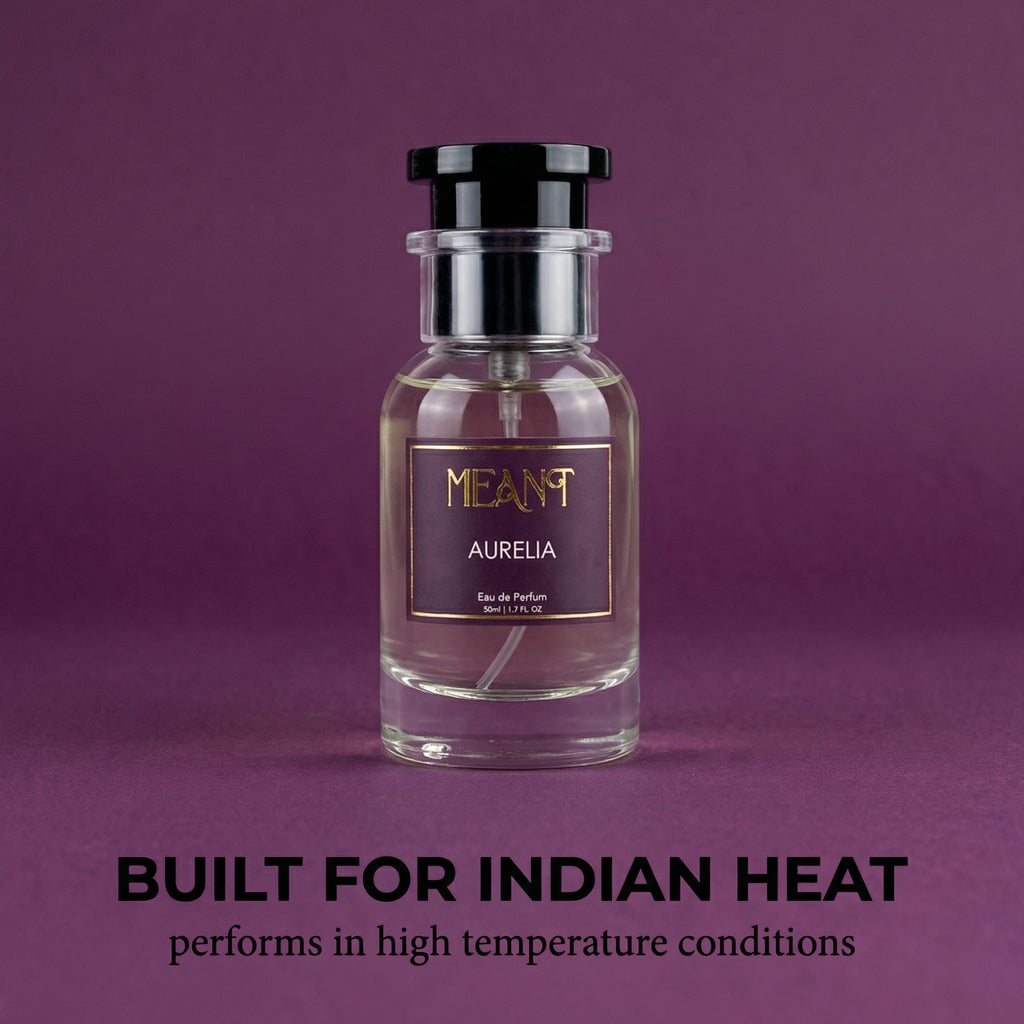 Perfume bottle labeled 'Aurelia' by 'MEANT' on a purple background with text about heat resistance.