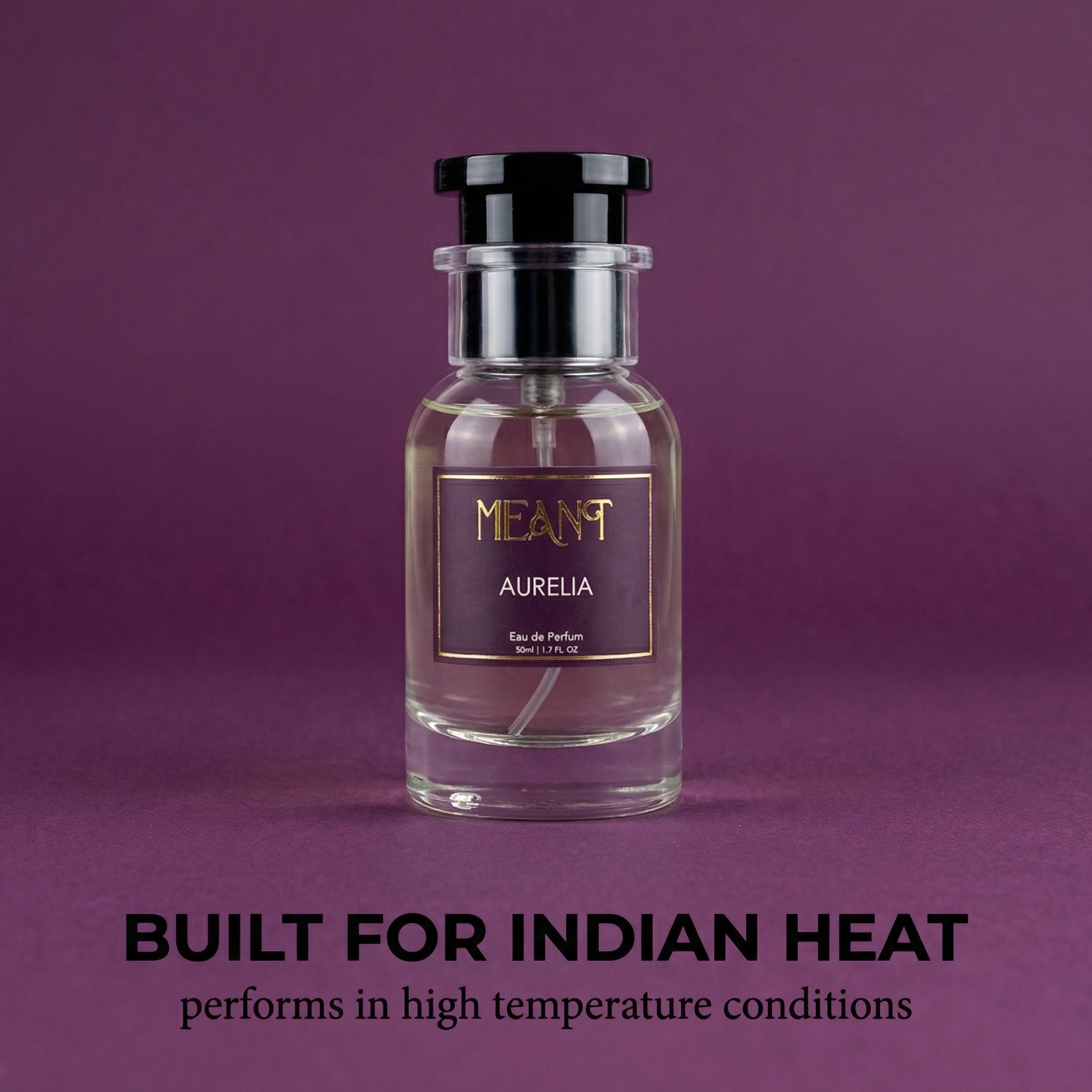 Perfume bottle labeled 'Aurelia' by 'MEANT' on a purple background with text about heat resistance.