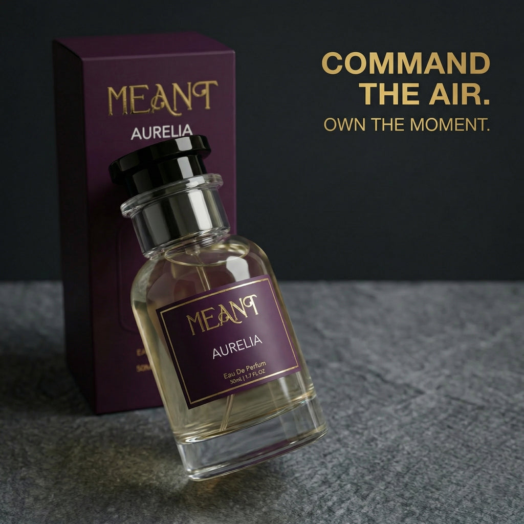 Perfume bottle and packaging of MEANT Aurelia on a dark background with text "Command the Air. Own the moment".
