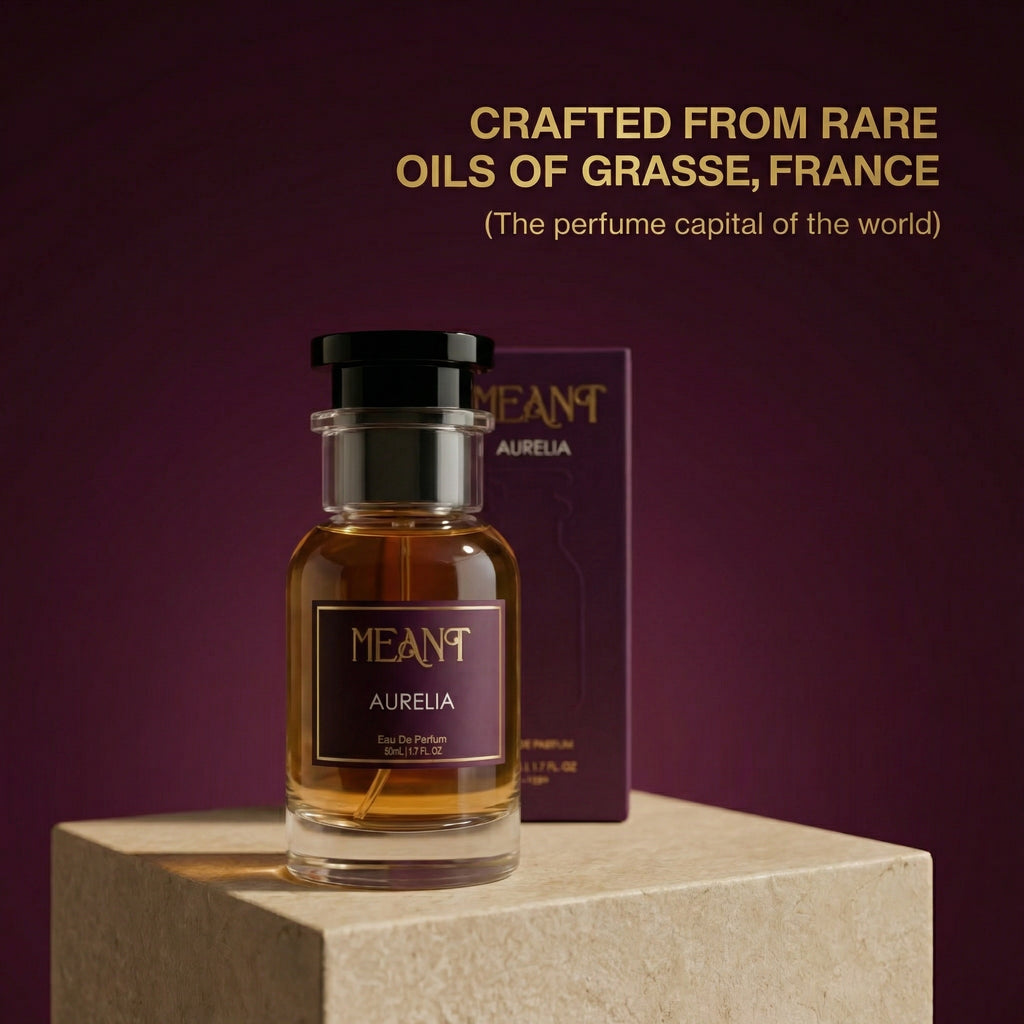 Perfume bottle labeled 'MEANT Aurelia' with packaging on a purple background
