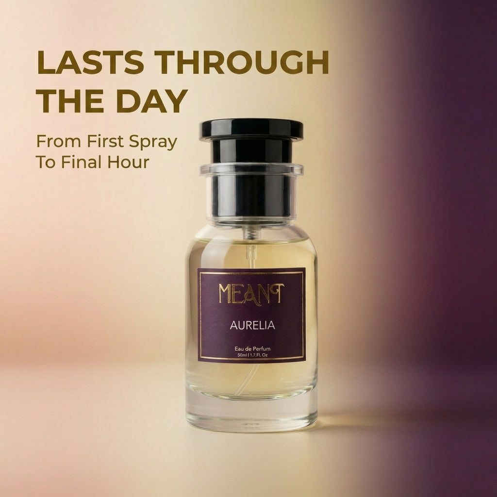 Perfume bottle of 'MEANT Aurelia' with text about lasting power on a gradient background.