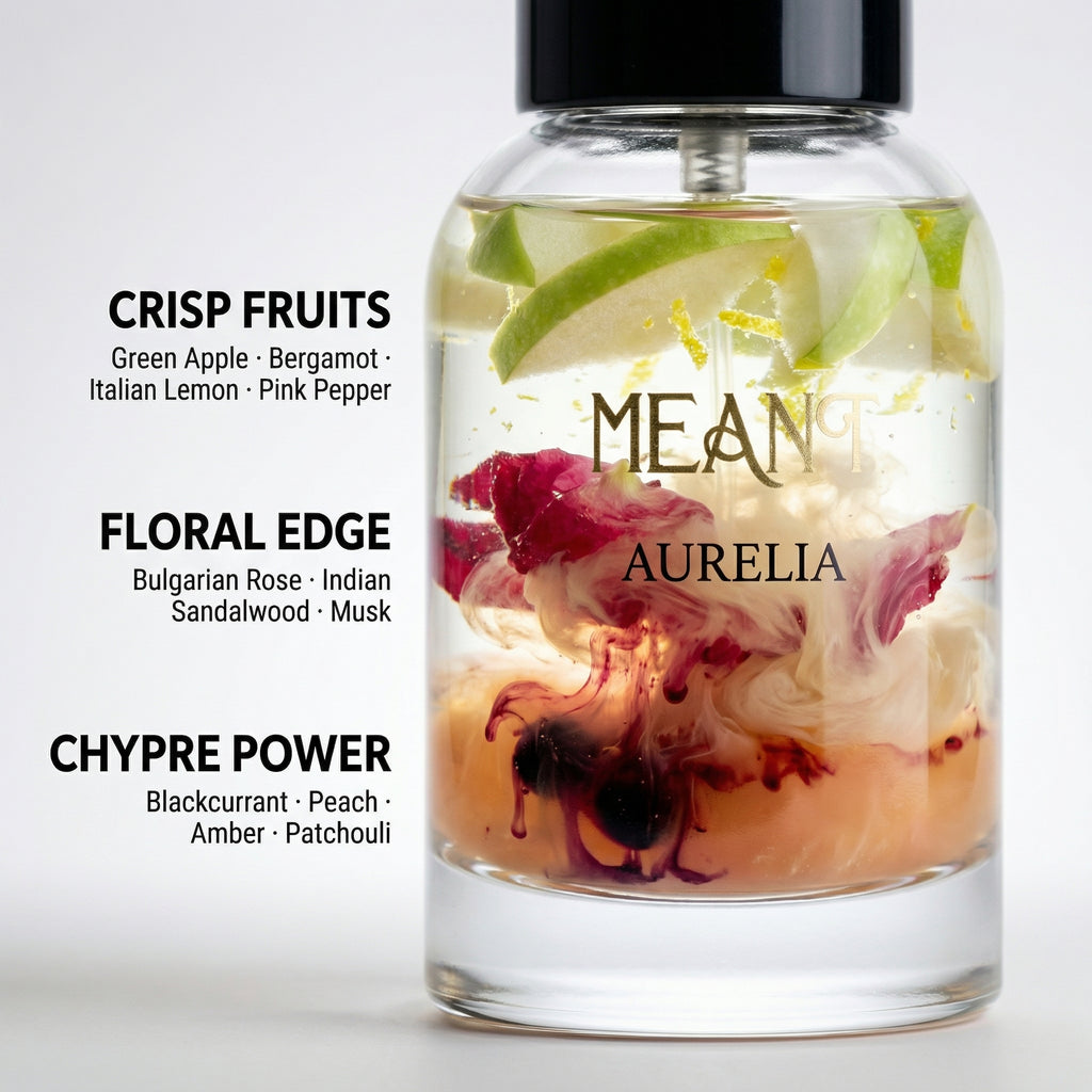 Glass bottle with floral and fruit elements labeled MEANT Aurelia on a white background displaying top, heart & base notes of the perfume.