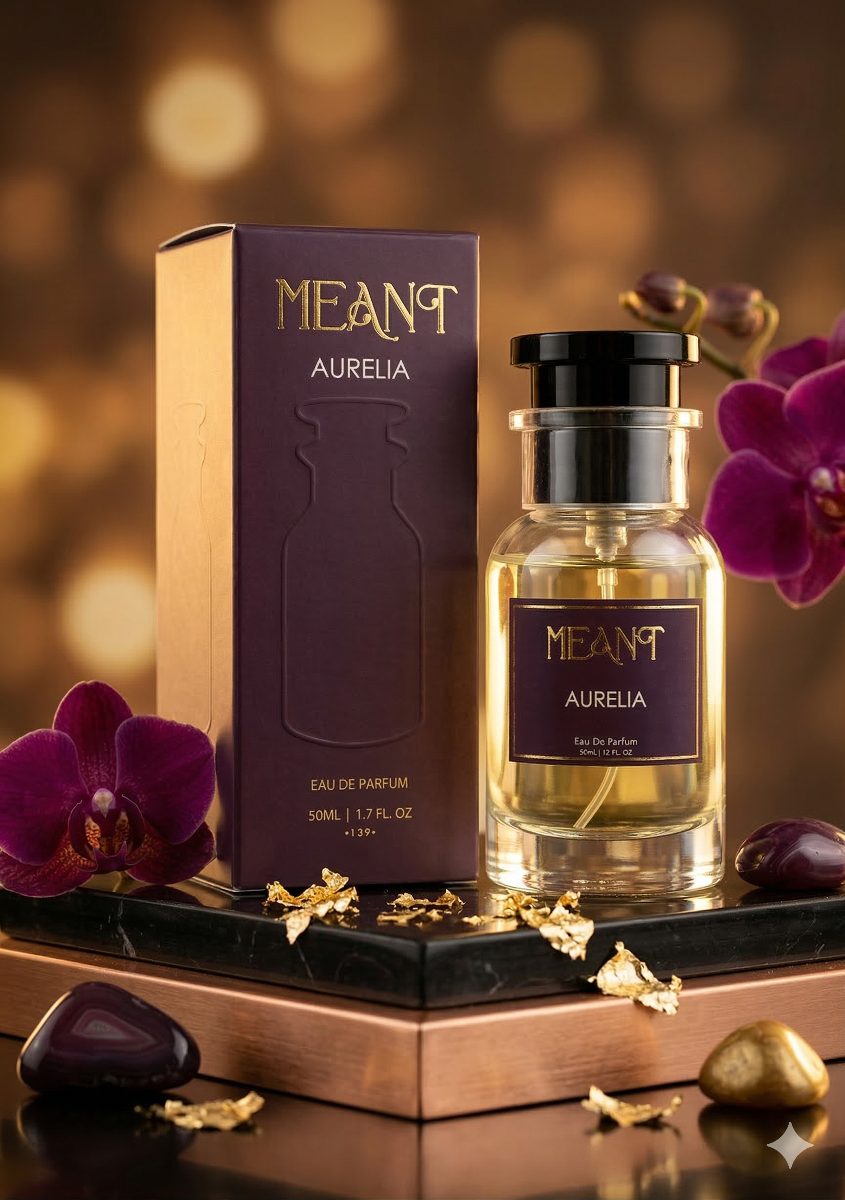 MEANT Aurelia perfume bottle and packaging with purple orchids on a warm-toned background