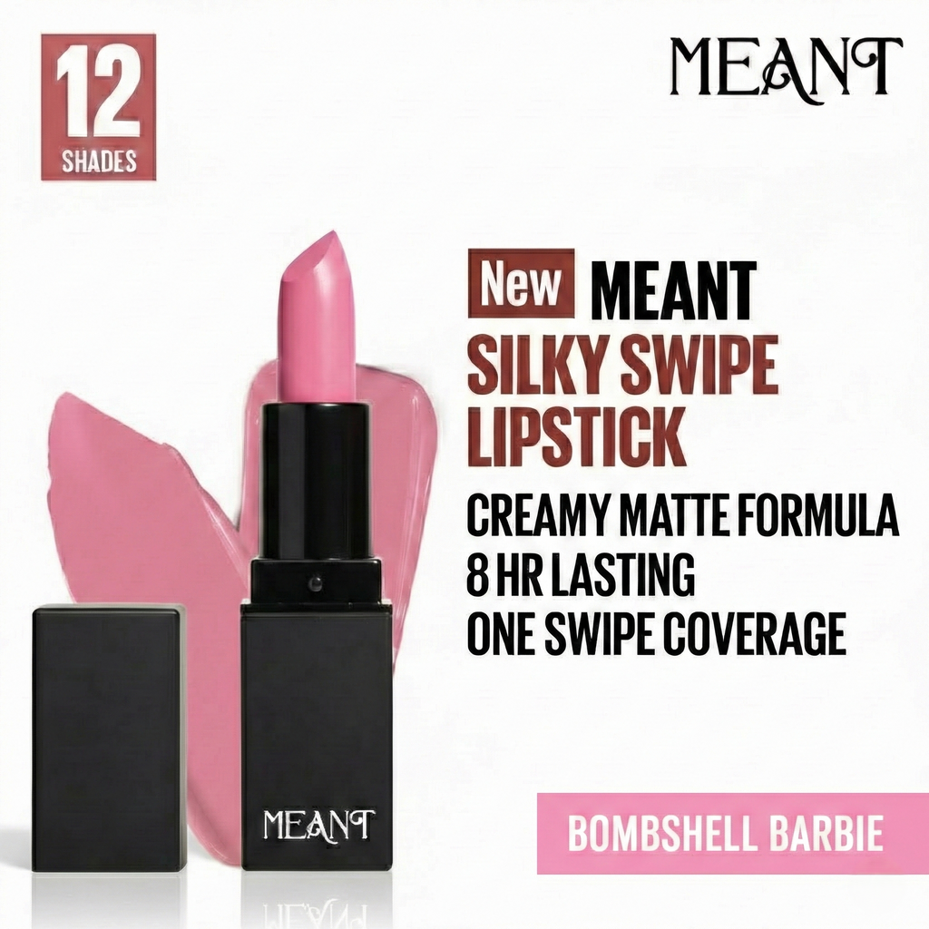 MEANT Bombshell Barbie creamy matte lipstick with packaging and branding
