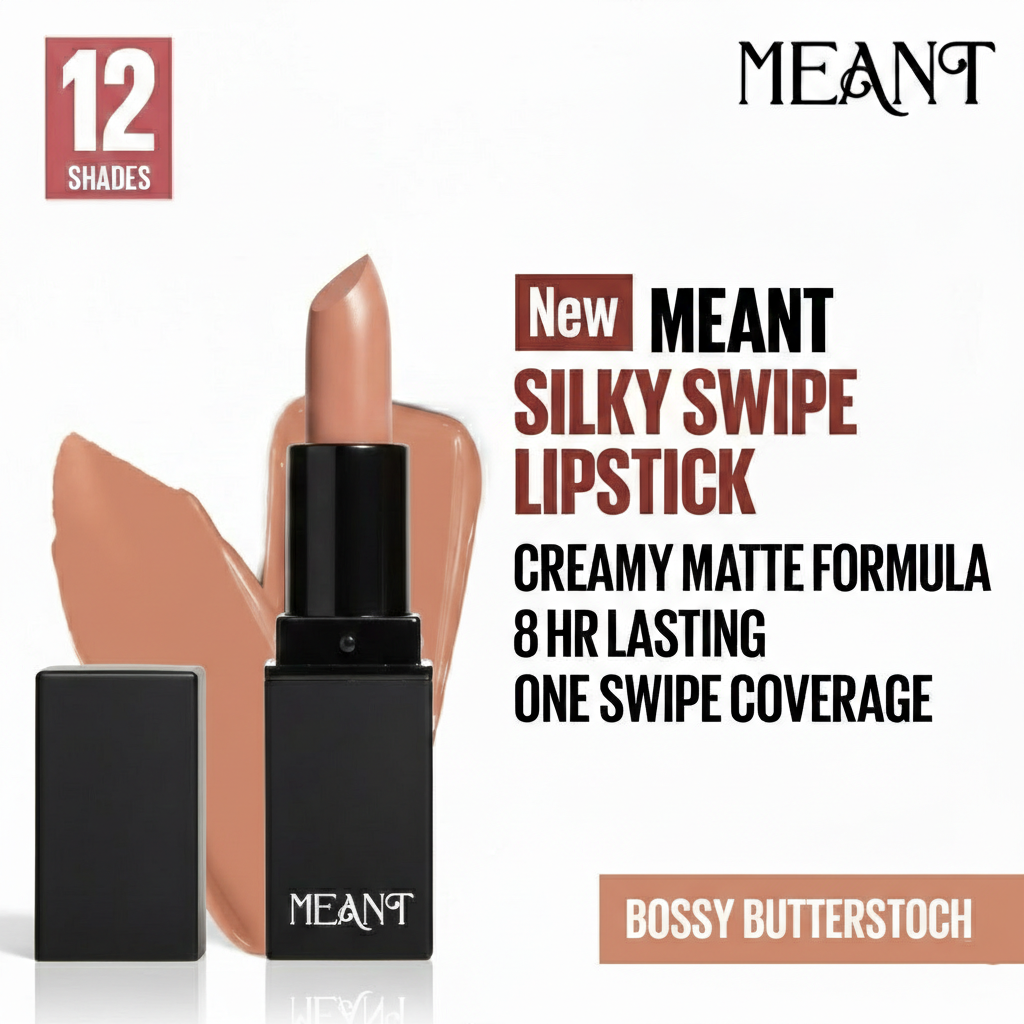 MEANT Silky Swipe Bossy Butterscotch Lipstick and promotional text on a white background