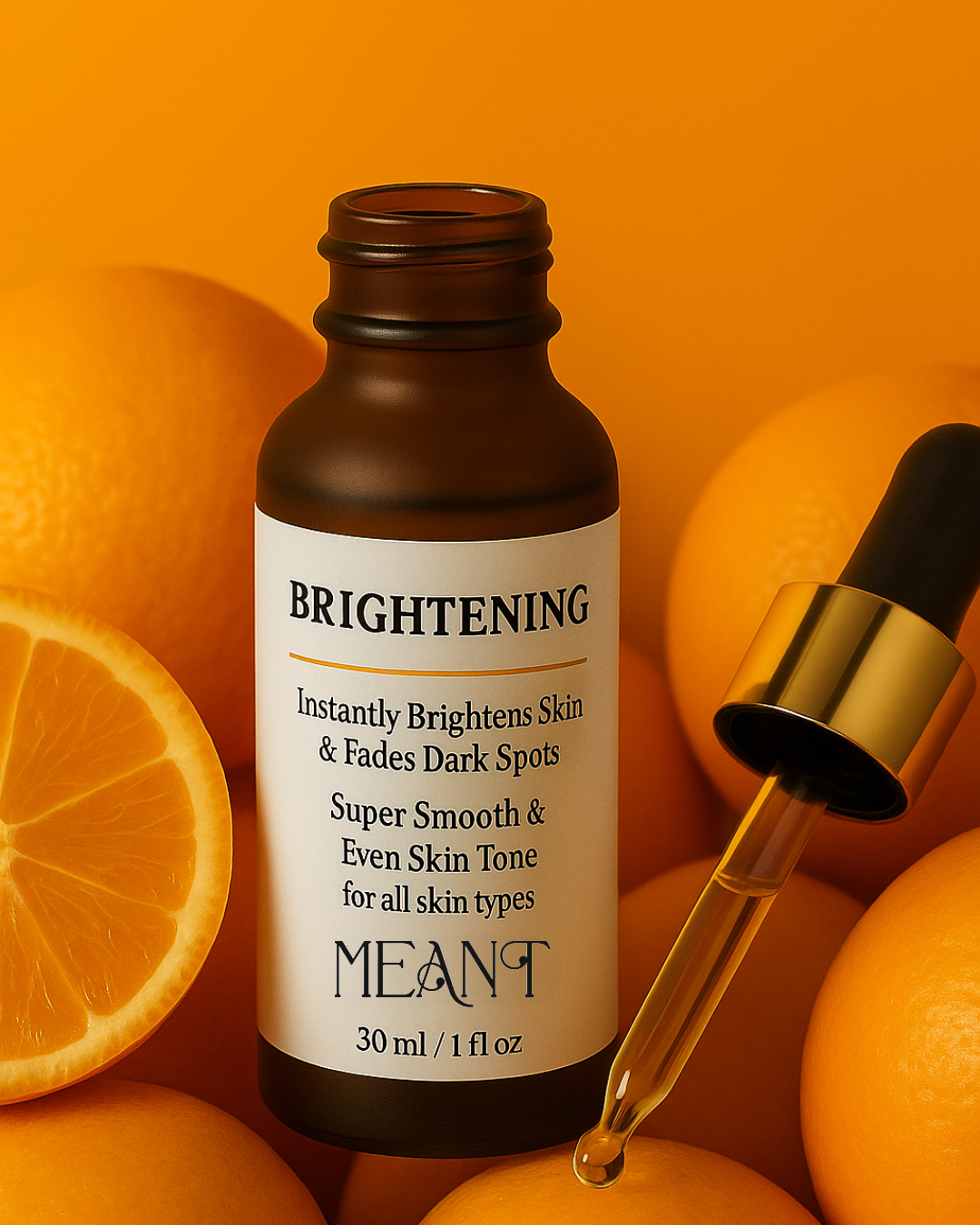 MEANT Brightening Face Serum open bottle with dropper on the side with fresh oranges in the background