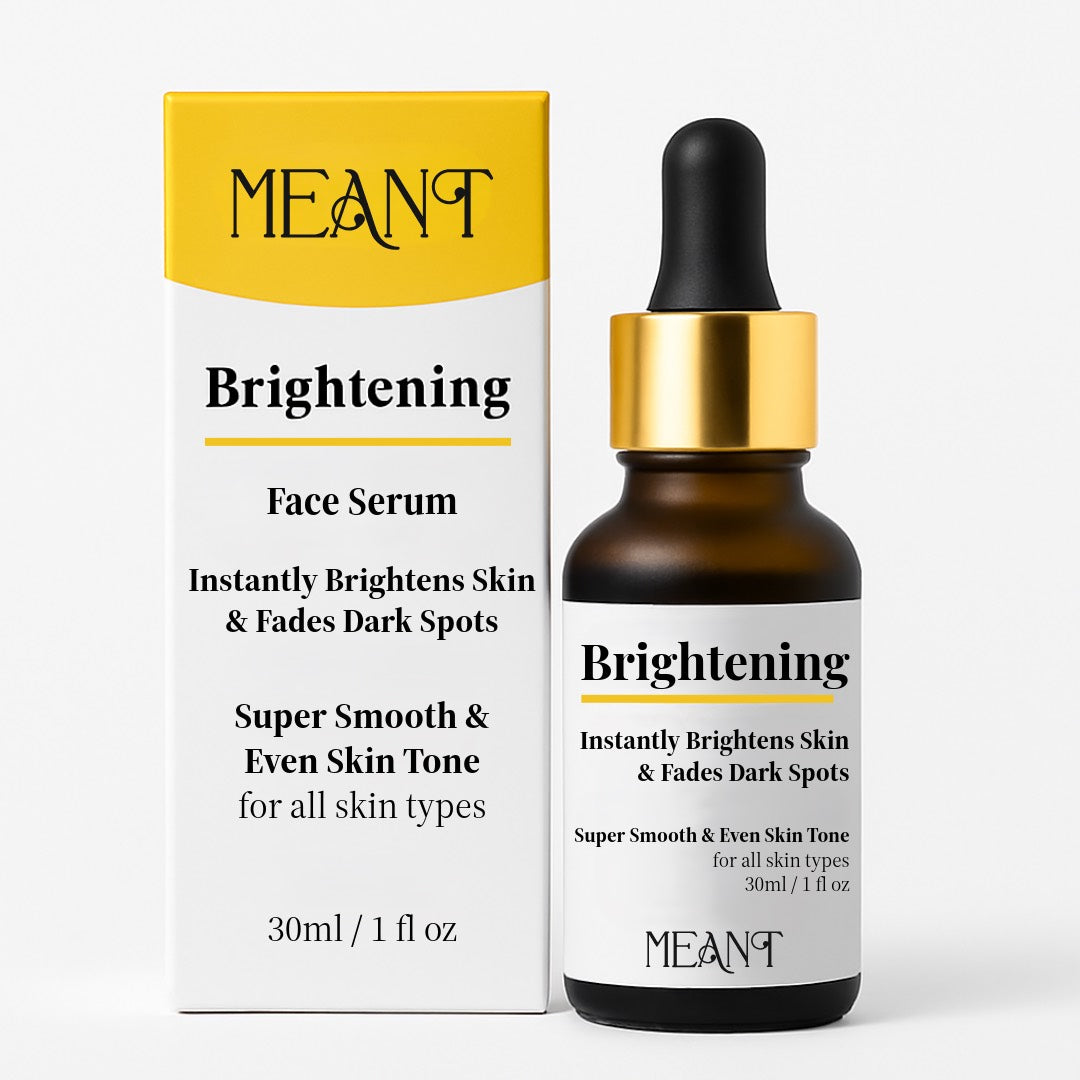 MEANT brightening face serum bottle and packaging on a white background