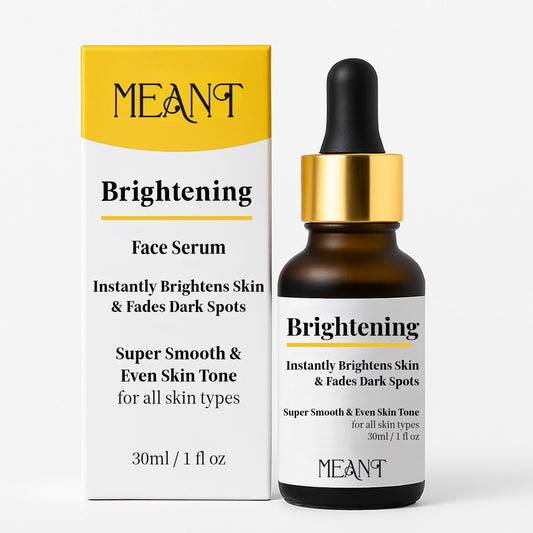 MEANT brightening face serum bottle and packaging on a white background