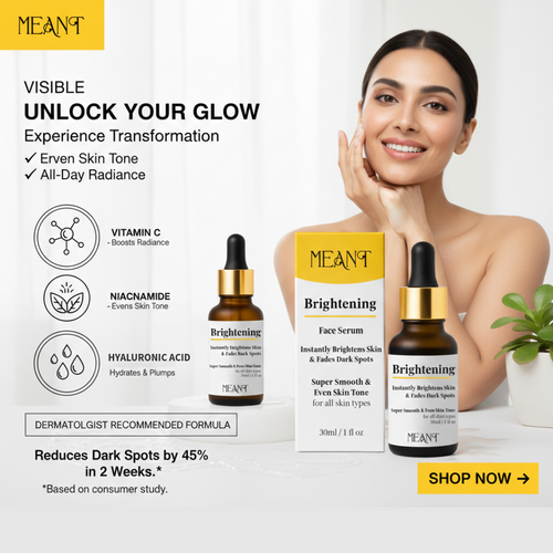 MEANT brightening face serum with a woman's face and text about product benefits on a white background