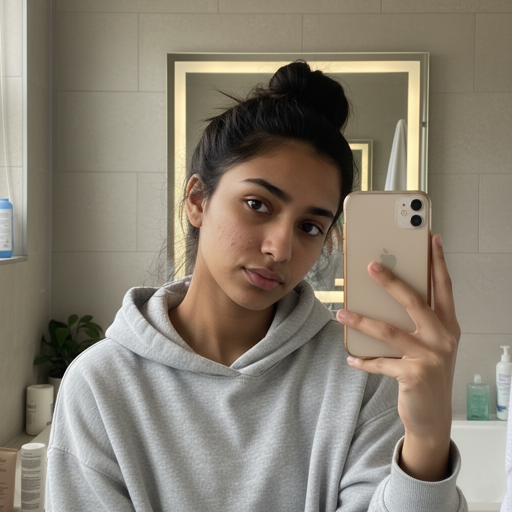 Person taking a mirror selfie in a bathroom wearing a gray hoodie.