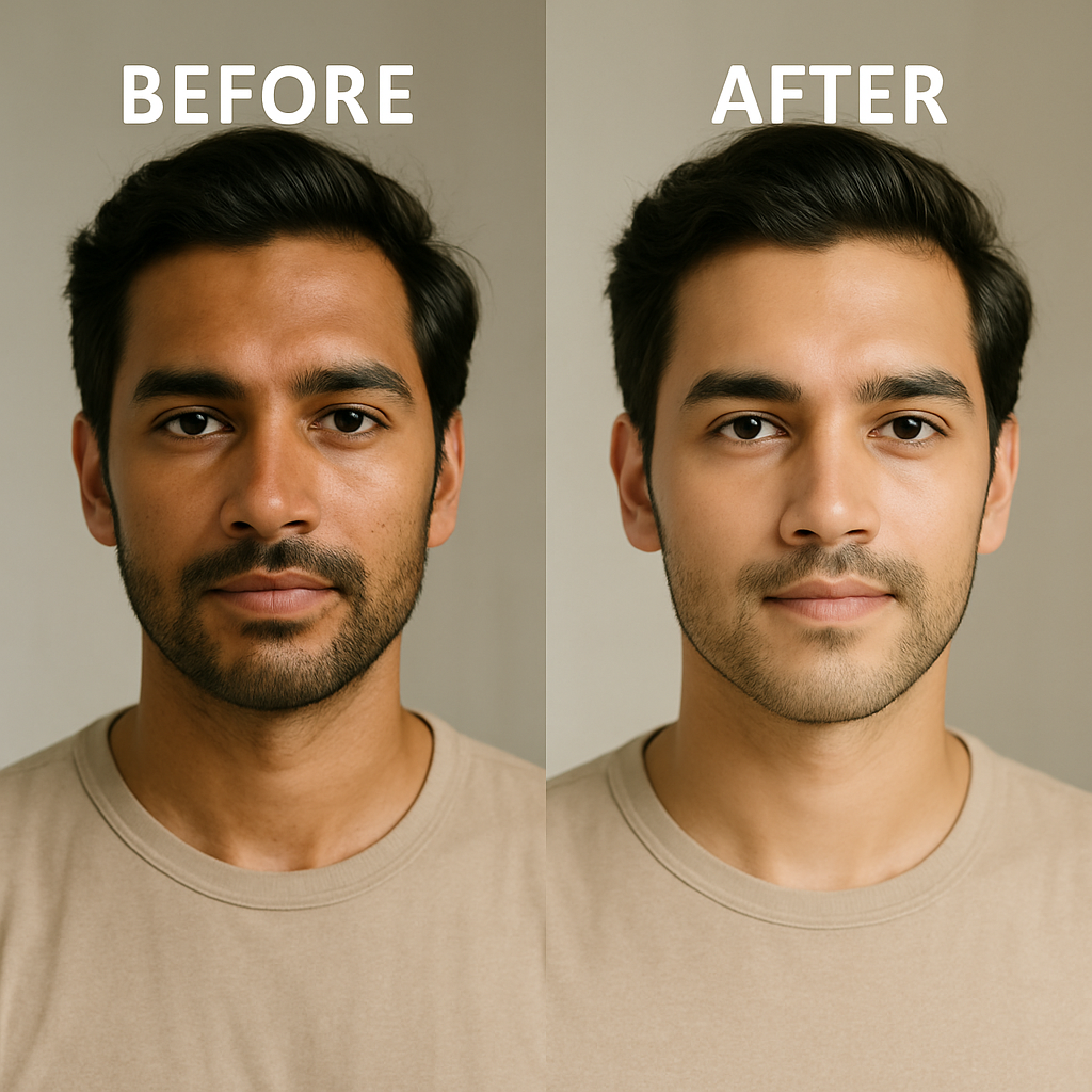 Before and after comparison of a man showing improved skin tone and glow after using MEANT De-Tan + Glow Face Serum with 5% Niacinamide and Hyaluronic Acid.
