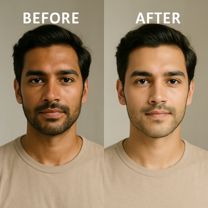 Before and after comparison of a man showing improved skin tone and glow after using MEANT De-Tan + Glow Face Serum with 5% Niacinamide and Hyaluronic Acid.