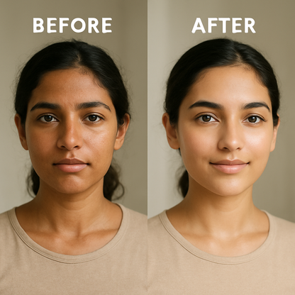 Before and after comparison of a woman's face showing improved skin tone and glow using MEANT De-Tan + Glow Face Serum with 5% Niacinamide and Hyaluronic Acid