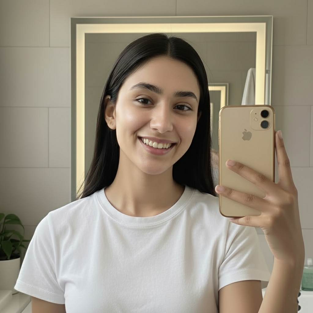 Woman taking a mirror selfie with a gold phone, wearing a white t-shirt showing the amazing after results of MEANT De-Tan + Glow face serum.