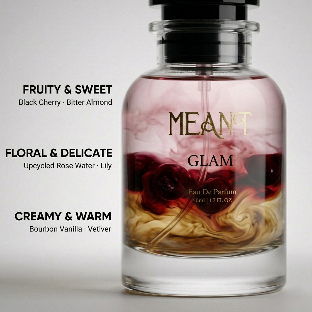 Transparent bottle of MEANT Glam perfume showing its top, heart & base notes & ingredients in a unique way on a light gray background.