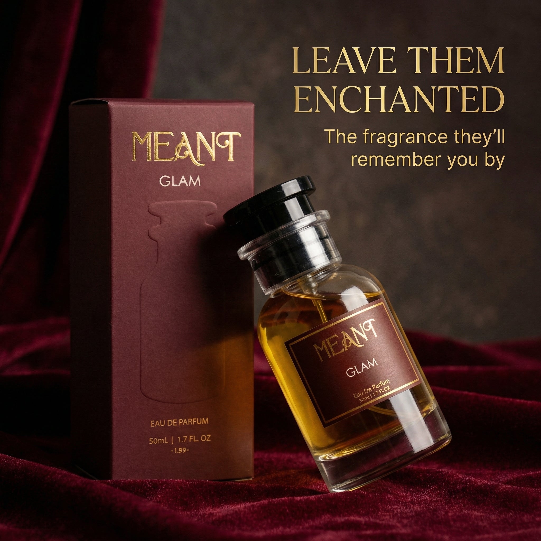 Perfume bottle and packaging of 'MEANT Glam' on a dark background.