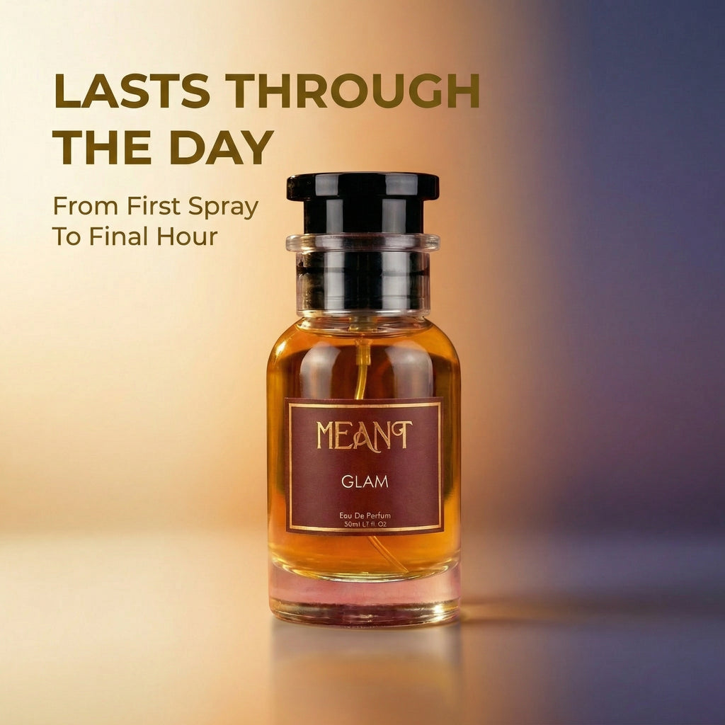 Perfume bottle labeled 'MEANT Glam' with promotional text showing its long-lasting efficiency on a gradient background.