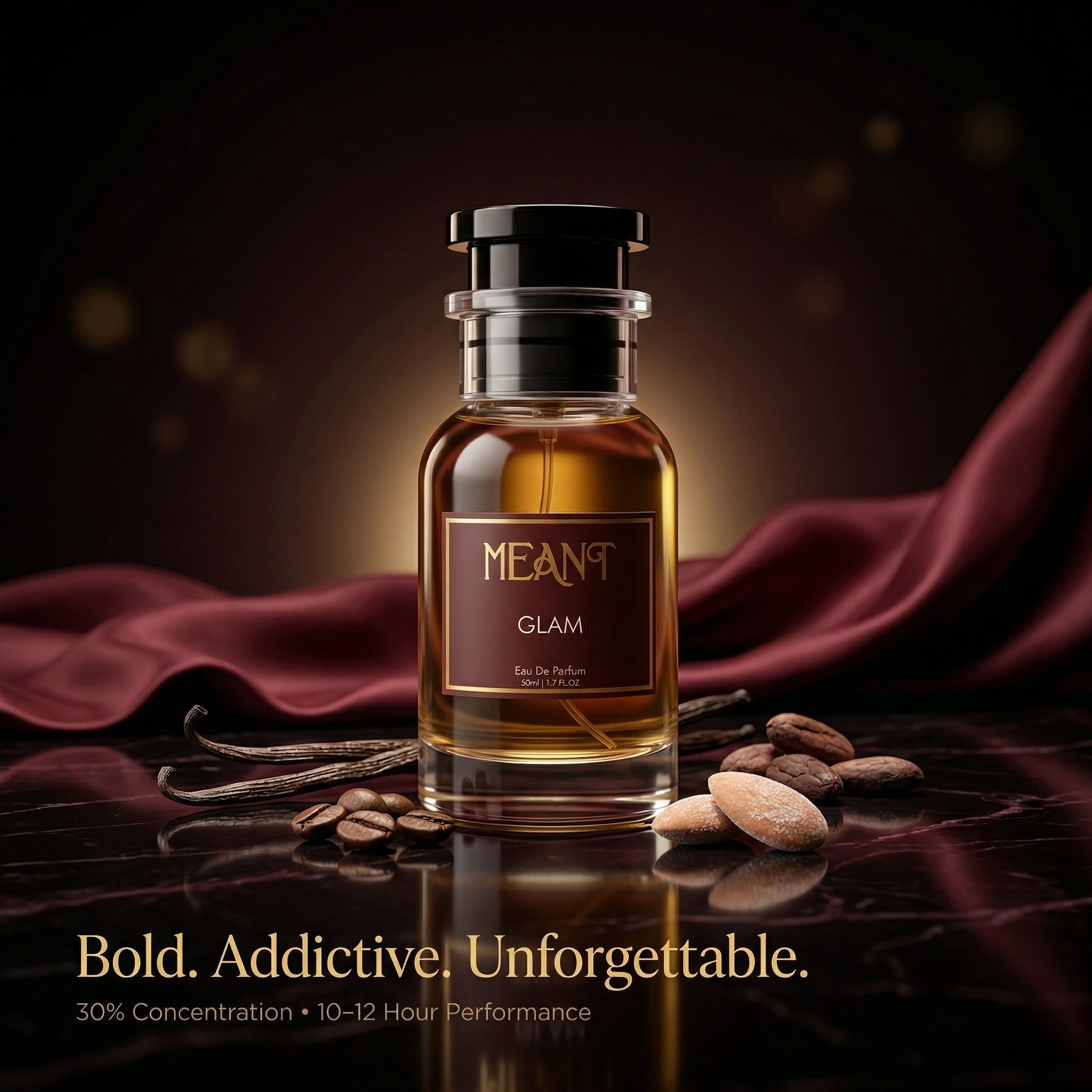 Intense perfume MEANT Glam for women's bottle with bitter almonds, vanilla pods and coffee beans in luxury photoshoot setup.