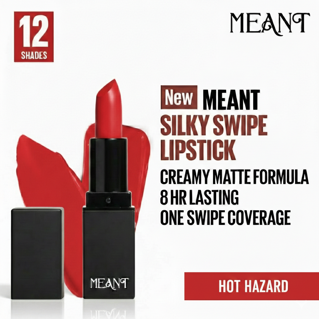 MEANT Silky Swipe Creamy Matte Lipstick Hot Hazard on a white background, featuring MEANT branding and product details.