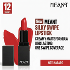 MEANT Silky Swipe Creamy Matte Lipstick Hot Hazard on a white background, featuring MEANT branding and product details.
