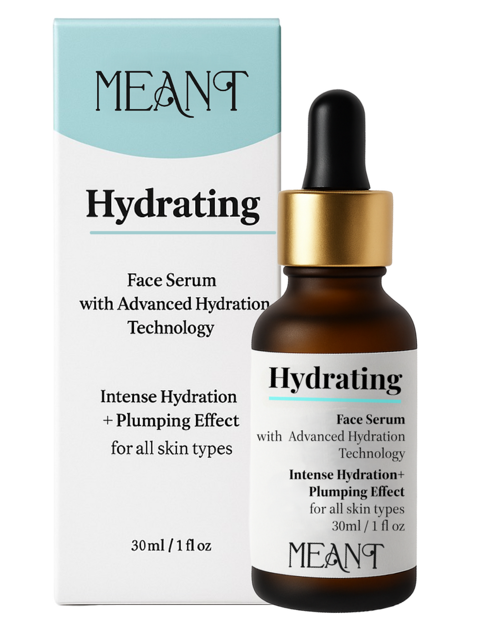 MEANT Hydrating Face Serum with Advanced Hyaluronic Acid for Intense Hydration bottle with its packaging