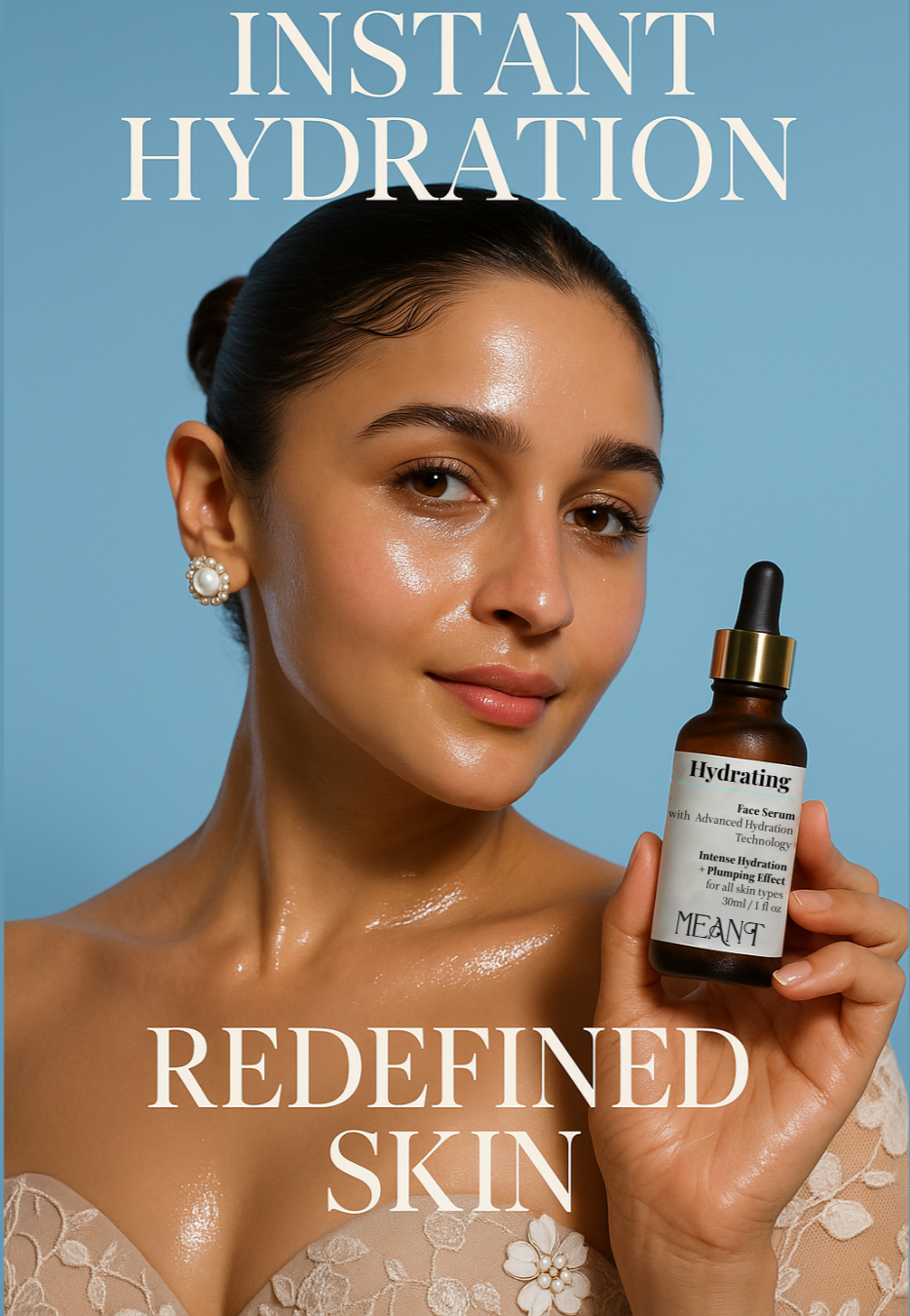 MEANT Hydrating Face Serum with Advanced Hyaluronic Acid for Intense Hydration with Alia Bhatt in Cannes festival in blue background