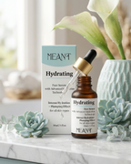 MEANT Hydrating Face Serum bottle with dropper and packaging on a marble surface with decorative plants.