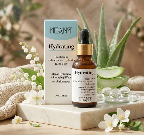 Meant hydrating face serum with packaging on a marble surface with flowers and aloe vera.